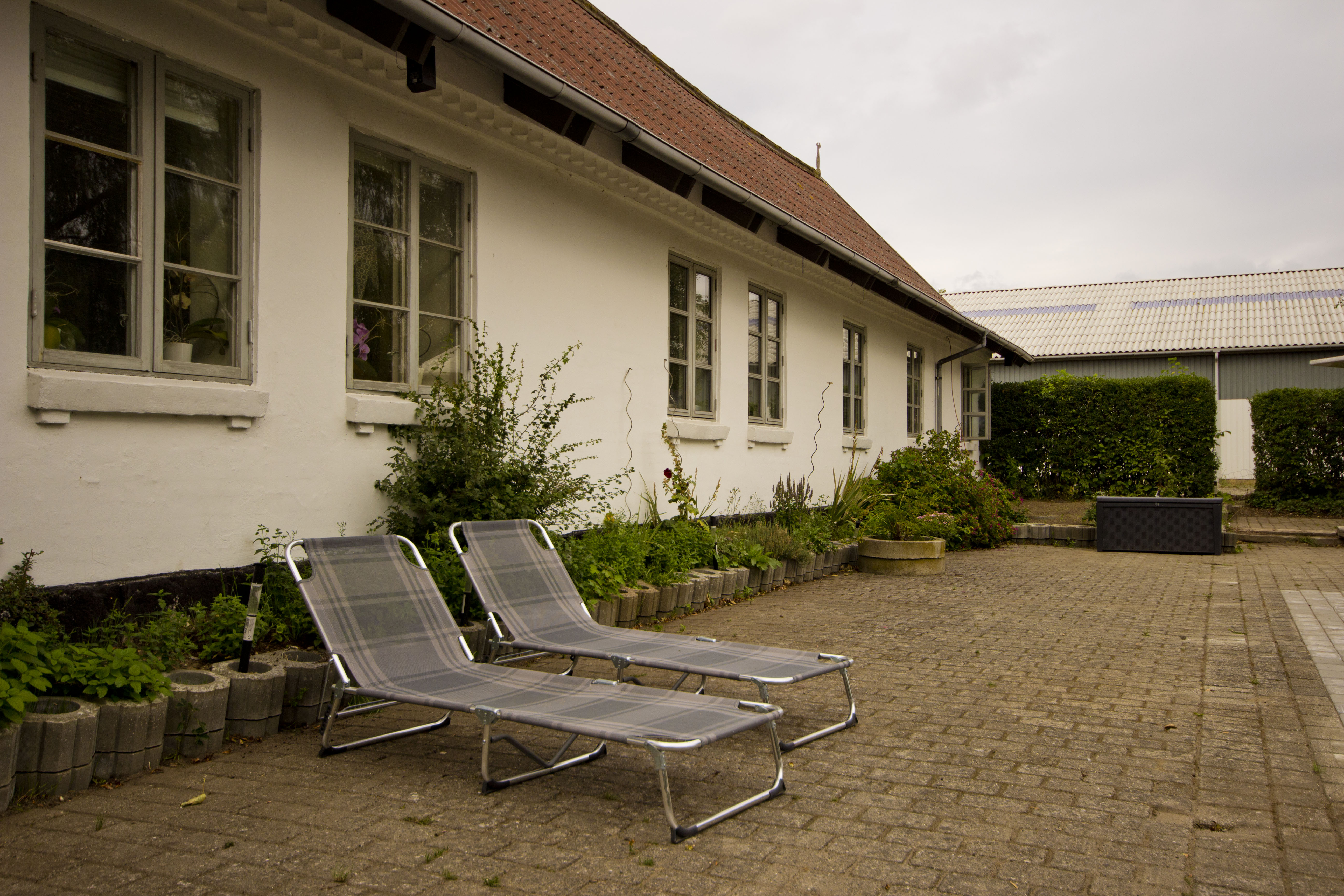 To grå rutemønstrede liggestole står side om side på en flisebelagt gårdsplads foran en hvid bygning med en række vinduer og en smal plantebede, under en overskyet himmel.