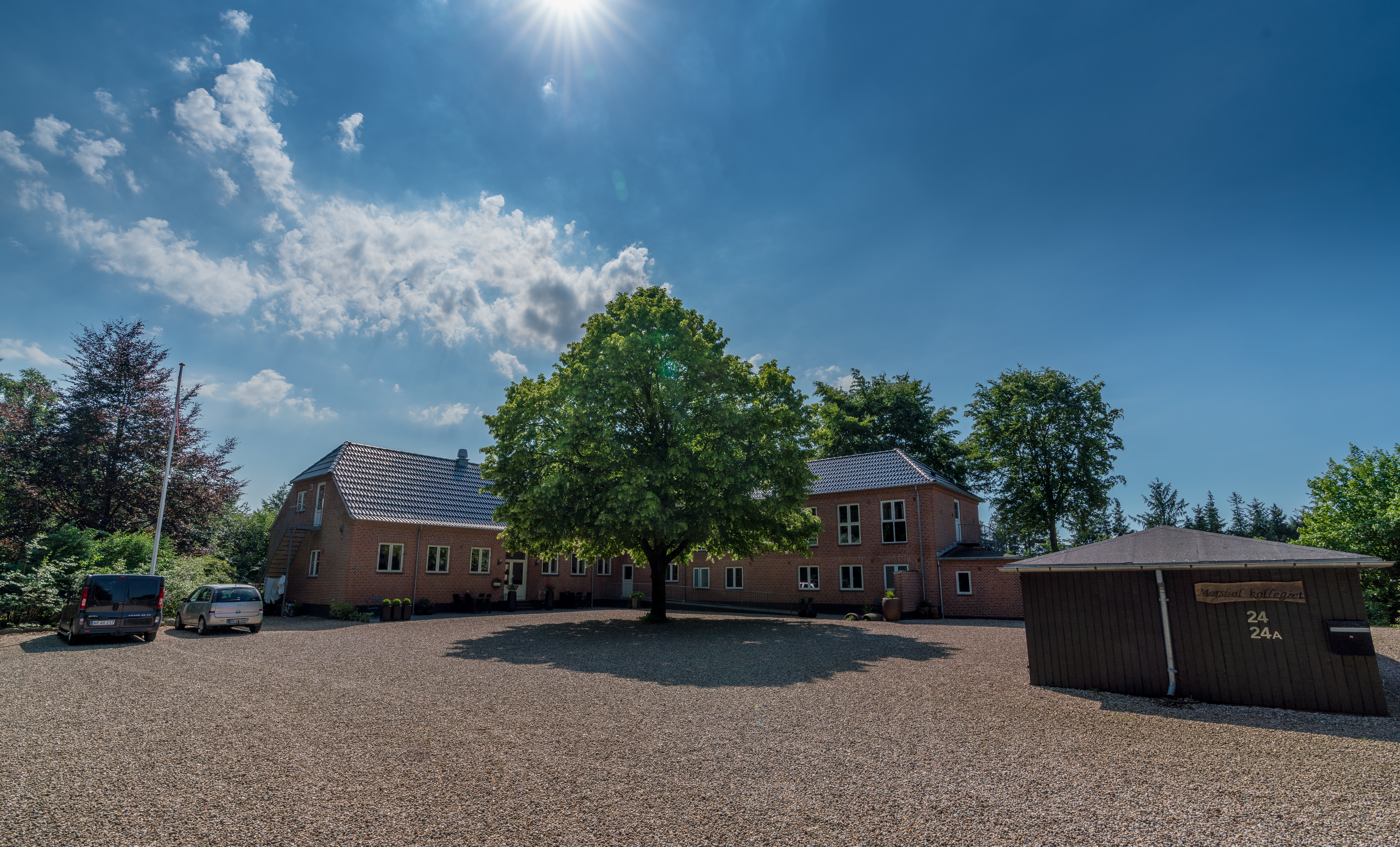 Stort grønt træ står midt i en gruset gårdsplads og kaster en tydelig skygge foran et langt rødt teglstensbyggeri under en solrig blå himmel; til venstre holder to biler, og til højre ses et træskur med skiltet "24 24A".