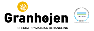 Granhøjen-logo med et gult cirkelikon til venstre og et DNV·GL-certificeringsstempel til højre; teksten u0022Granhøjenu0022 i stor sort skrift og u0022SPECIALPSYKIATRISK BEHANDLINGu0022 under, samt u0022DNV·GL ISO 9001u0022 i stemplet.