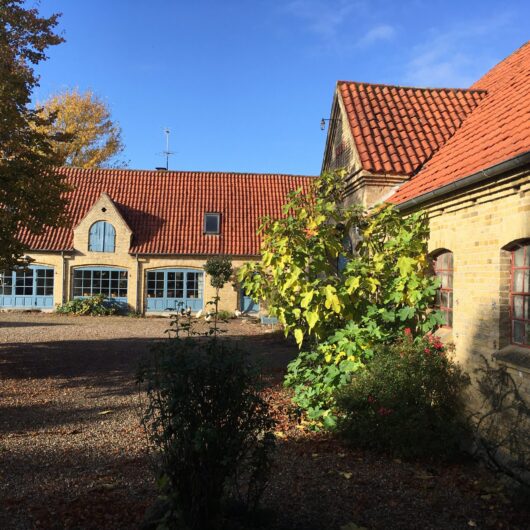 Gårdsplads med gule murstensbygninger i baggrunden med røde tegltage og blå buede døre og vinduer; i forgrunden står et solbeskinnet træ med grønne og gule efterårsblade ved siden af buske på en grusbelagt plads.