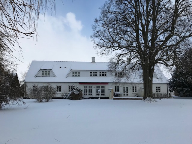 Stor hvid villa står omgivet af et jævnt lag sne med snedækket tag, rækker af vinduer og en glasdør i midten; en rød markise eller liste ses over døren. Et stort nøgnet træ står i højre forgrund mod en lys vinterhimmel med nogle skyer.