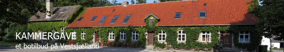 Langt, lavt bindingsværkshus med rød tegltag og vedbend omkring flere hvide vinduer og døre, foran en gruset gårdsplads med et par havestole. Tekst på billedet: "KAMMERGÅVE" og under den "et botilbud på Vestsjælland".