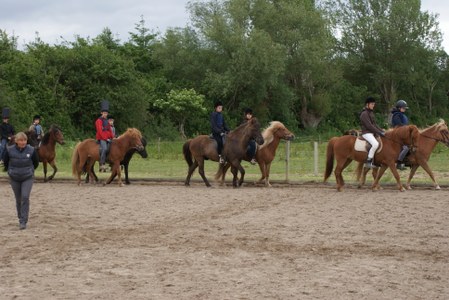 En gruppe ryttere iført hjelme og jakker rider i en række på mindre heste langs en sand ridebane, mens en person går foran til venstre og træer danner baggrunden.