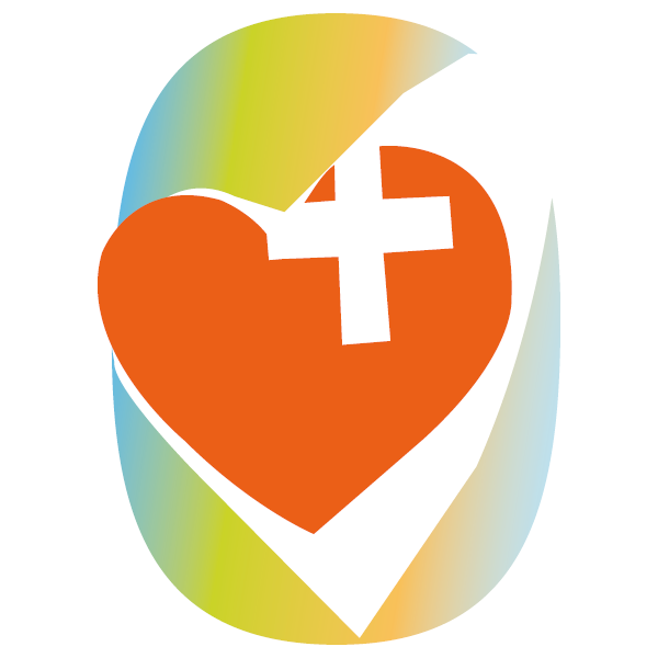 Orange hjerte med et hvidt plus-tegn øverst til højre og et hvidt V-formet felt nedad, omgivet af et buet, oval bånd i blå-gul-grøn gradient.