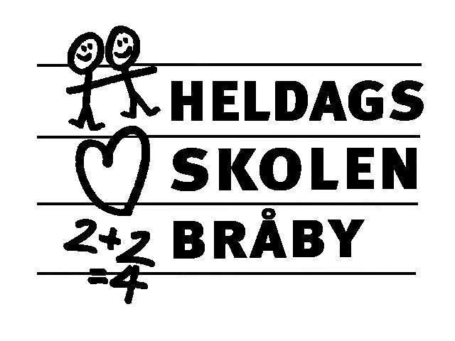 To stregtegnede, smilende figurer holder armene om hinanden til venstre, et tegnet hjerte er i midten, og teksten "HELDAGS", "SKOLEN" og "BRÅBY" står i store bogstaver på tre linjer til højre; en håndskreven "2+2" er skrevet over en streg med "-4" under.