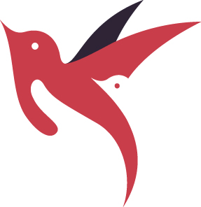 To stiliserede kolibrier i rød med en mørk lilla vingedel, flyvende og sammenflettede i et enkelt logo-lignende design med en større og en mindre fugl.