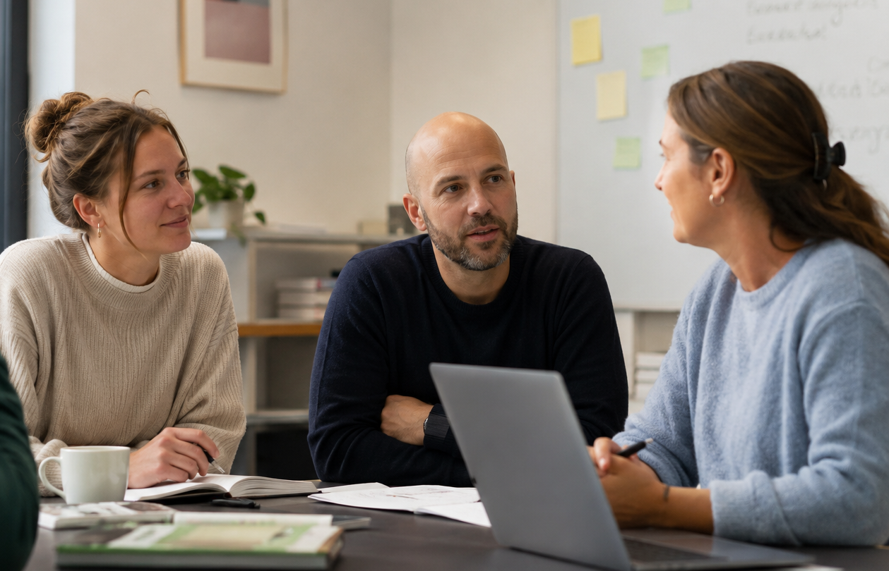 Tre personer sidder ved et mødebord og taler sammen, med en åben bærbar computer, notesbøger og en kaffekop foran dem; ansigterne er slørede. I baggrunden ses en reol og en whiteboard med farvede post-it-sedler.